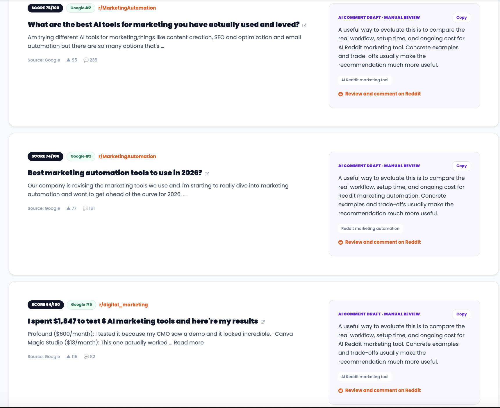 Multiple Reddit comment opportunities with concise AI drafts