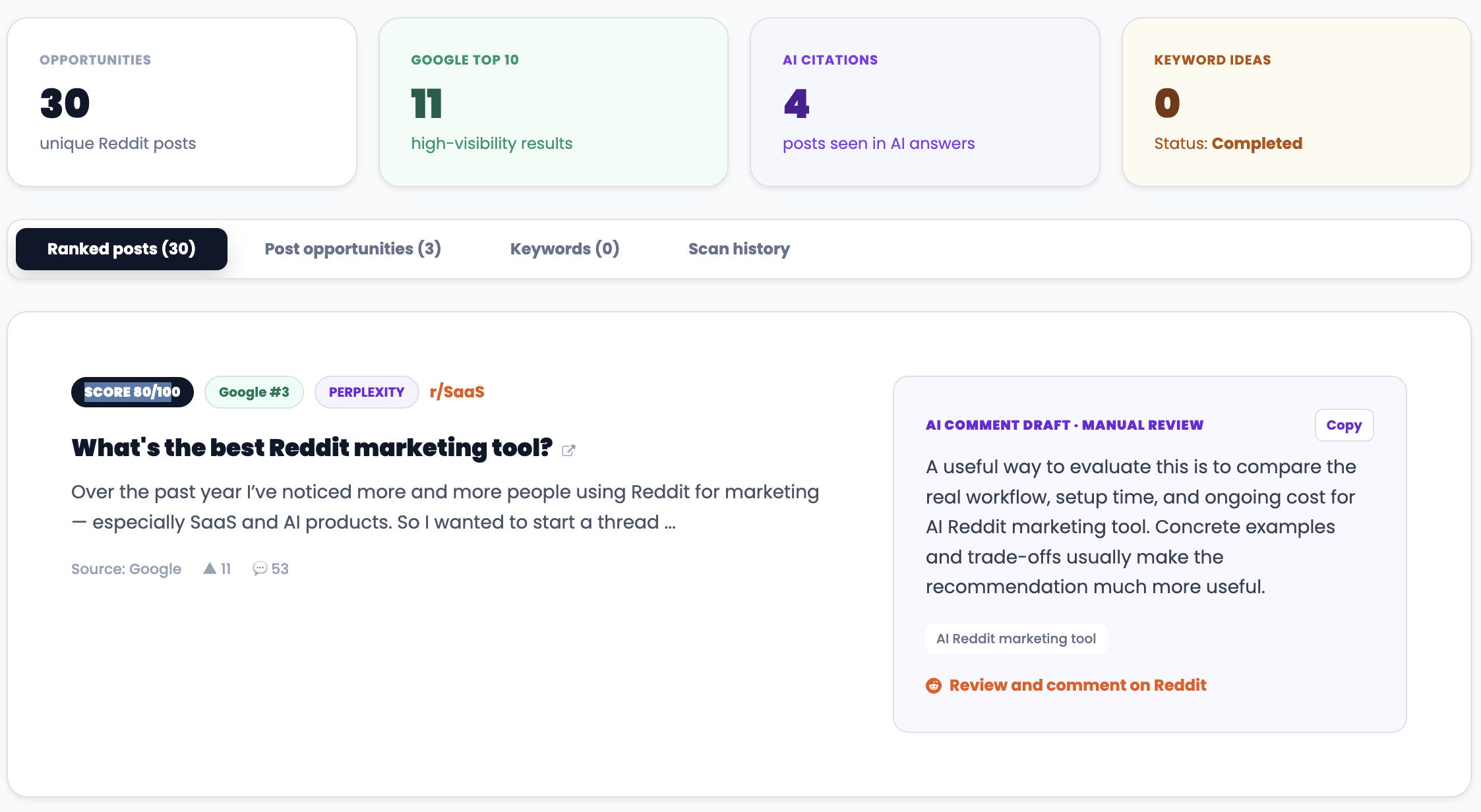 Scaloom GEO and SEO Reddit Opportunities showing a ranked Reddit post and AI comment draft